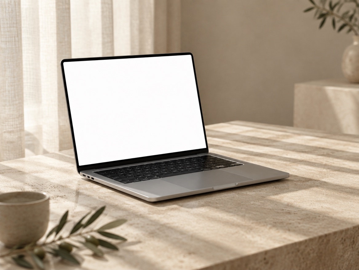 Sitio de Turi Rent abierto en una laptop sobre una mesa de piedra